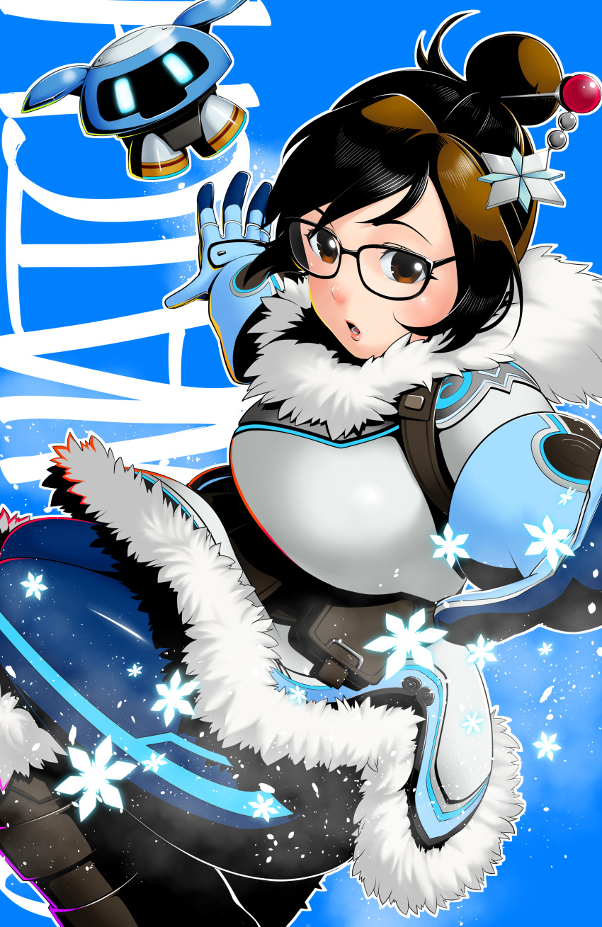 1girl absurdres bangs belt belt_pouch black-framed_glasses black_hair blue_gloves blue_legwear boots brown_eyes brown_hair canteen character_name coat copyright_name drone english floating fur_boots fur_coat fur_trim glasses gloves hair_bun hair_ornament hairpin highres kalua_(artist) mei_(overwatch) multicolored_hair open_mouth outstretched_arms overwatch parka robot short_hair snowflakes solo swept_bangs text two-tone_hair utility_belt winter_clothes winter_coat