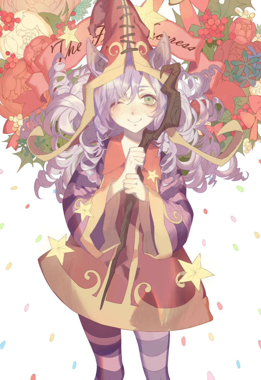 1girl absurdres animal_ears berries big_hat blush bow closed_mouth curly_hair dj.adonis dress english eyebrows eyeshadow flat_chest flower food fruit green_eyes hair_over_one_eye hat highres holding_staff humanization leaf league_of_legends leggings long_hair long_sleeves lulu_(league_of_legends) makeup one_eye_closed pointy_ears purple_hair ribbon rose sleeves_past_wrists smile solo staff standing star striped striped_legwear very_long_hair wide_sleeves witch_hat
