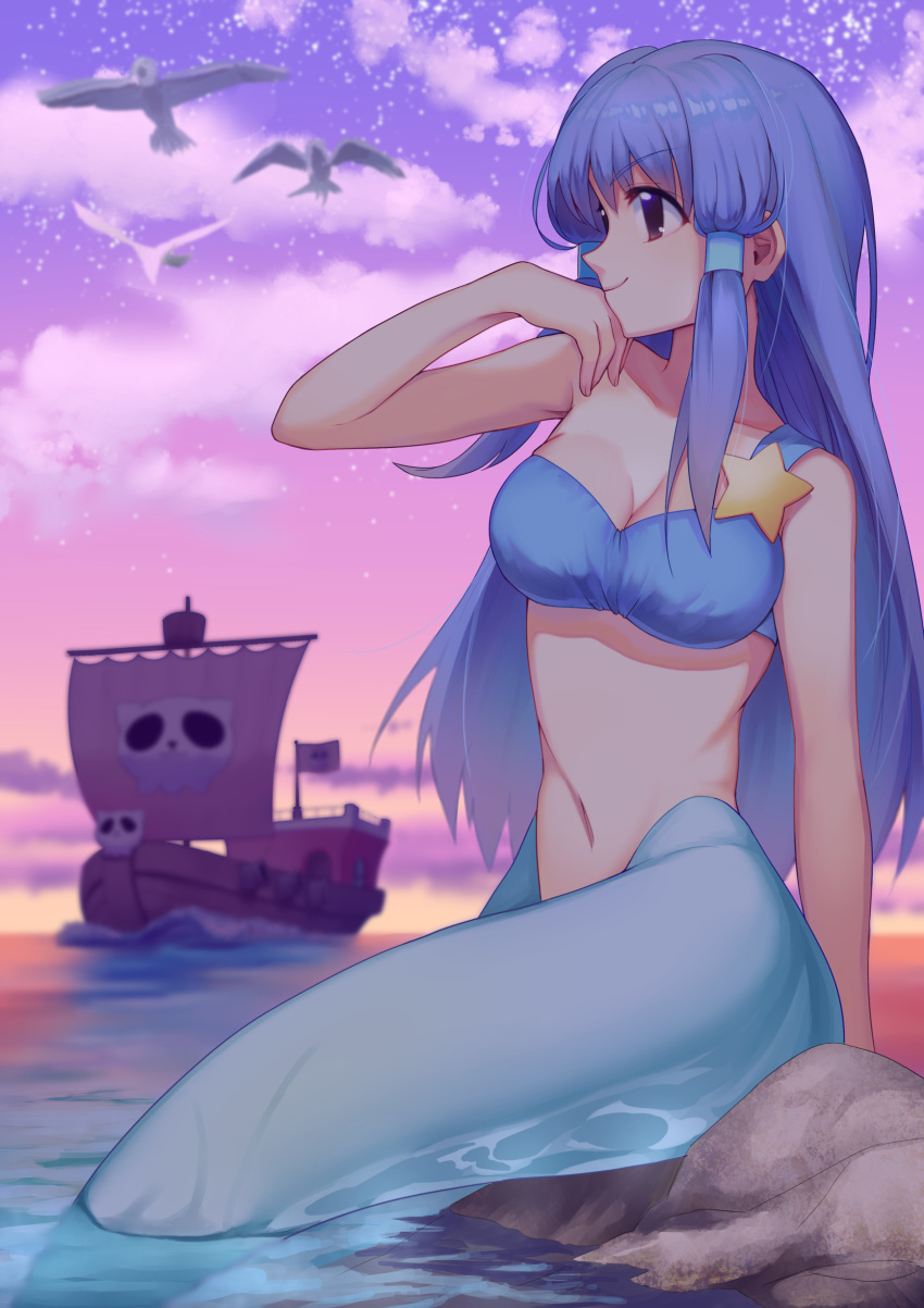1girl absurdres animal aqua_(di_gi_charat) arm_at_side bangs bird blue_eyes blue_hair blurry boat breasts cleavage closed_mouth clouds crop_top depth_of_field di_gi_charat eyebrows eyebrows_visible_through_hair flag gradient hair_tubes highres long_hair mermaid monster_girl navel ocean outdoors profile purple_sky rock seagull sidelocks single_strap sitting skull_print sky smile solo star_(sky) stomach twilight ume_ren watercraft