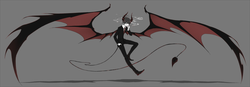 1boy alternate_costume between_fingers black_hair black_jacket black_pants black_shoes cigarette collared_shirt demon demon_horns demon_tail demon_wings dress_shirt fingernails floating formal full_body grey_background hand_in_pocket hand_to_own_mouth highres horns jacket long_fingernails long_sleeves looking_away looking_to_the_side male_focus matsuno_osomatsu nail_polish necktie osomatsu-kun osomatsu-san pant_suit pants red_nails red_necktie shaded_face shadow sharp_fingernails shirt shoes silentcity simple_background smirk smoke smoking solo spread_wings striped suit tail white_shirt white_skin wings