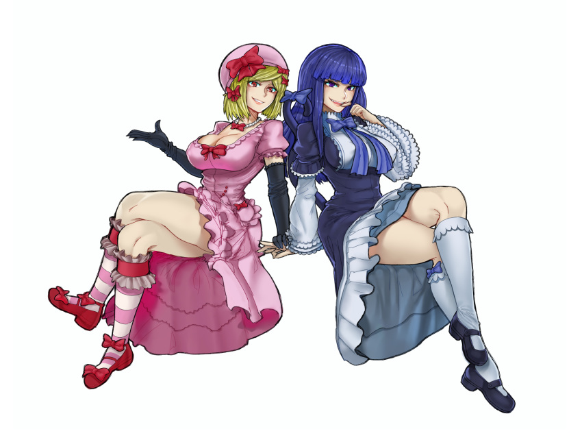 2girls alternate_breast_size blonde_hair blue_hair bow breasts cleavage crossed_legs elbow_gloves frederica_bernkastel gloves grin hat highres lambdadelta large_breasts legs long_hair looking_at_viewer multiple_girls short_hair simple_background smile the_golden_smurf thighs umineko_no_naku_koro_ni violet_eyes white_background witch