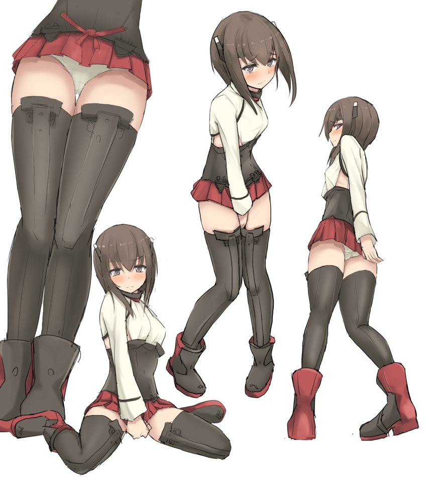 1girl bangs between_legs black_hair black_legwear blush boots brown_hair cassandra_(seishun_katsu_sando) closed_mouth commentary_request covering covering_crotch eyebrows eyebrows_visible_through_hair from_below hand_between_legs highres kantai_collection long_sleeves looking_at_viewer miniskirt multiple_views panties pantyshot pantyshot_(standing) pleated_skirt profile red_skirt simple_background sitting skirt small_breasts standing taihou_(kantai_collection) thigh-highs underwear wariza white_background white_panties