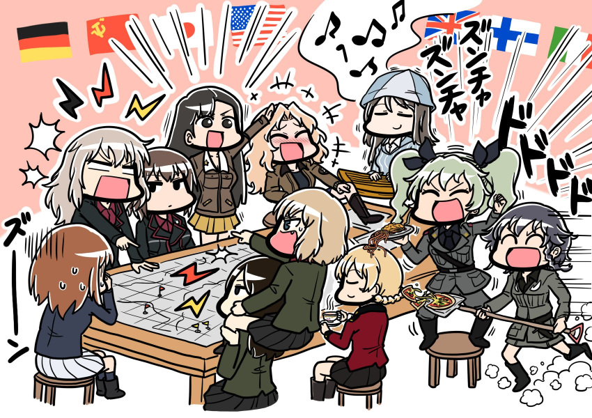 anchovy black_hair black_jacket blonde_hair brown_hair commentary_request cup darjeeling flags_of_all_nations food girls_und_panzer green_hair grey_jacket hat highres itsumi_erika jacket katyusha kay_(girls_und_panzer) long_hair map mika_(girls_und_panzer) multiple_girls nishi_kinuyo nishizumi_maho nishizumi_miho nonna pasta pepperoni_(girls_und_panzer) pizza pleated_skirt red_jacket short_hair skirt teacup tsunamayo twintails
