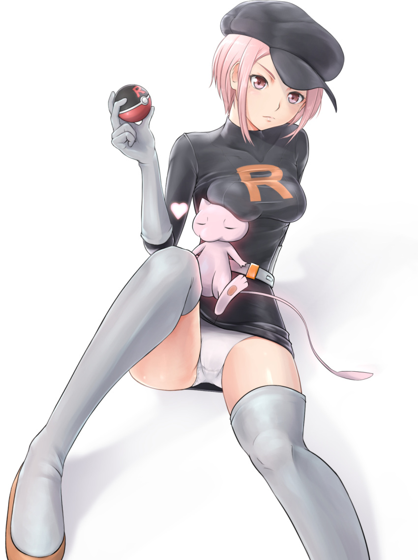 1girl belt breast_rest breasts breasts_on_head cabbie_hat clothes_writing comugico gloves grey_gloves grey_legwear hat heart highres holding holding_poke_ball mew panties pantyshot pantyshot_(sitting) pink_hair poke_ball pokemon pokemon_(creature) pokemon_(game) pokemon_frlg pokemon_hgss short_hair sitting team_rocket team_rocket_grunt thigh-highs underwear white_panties