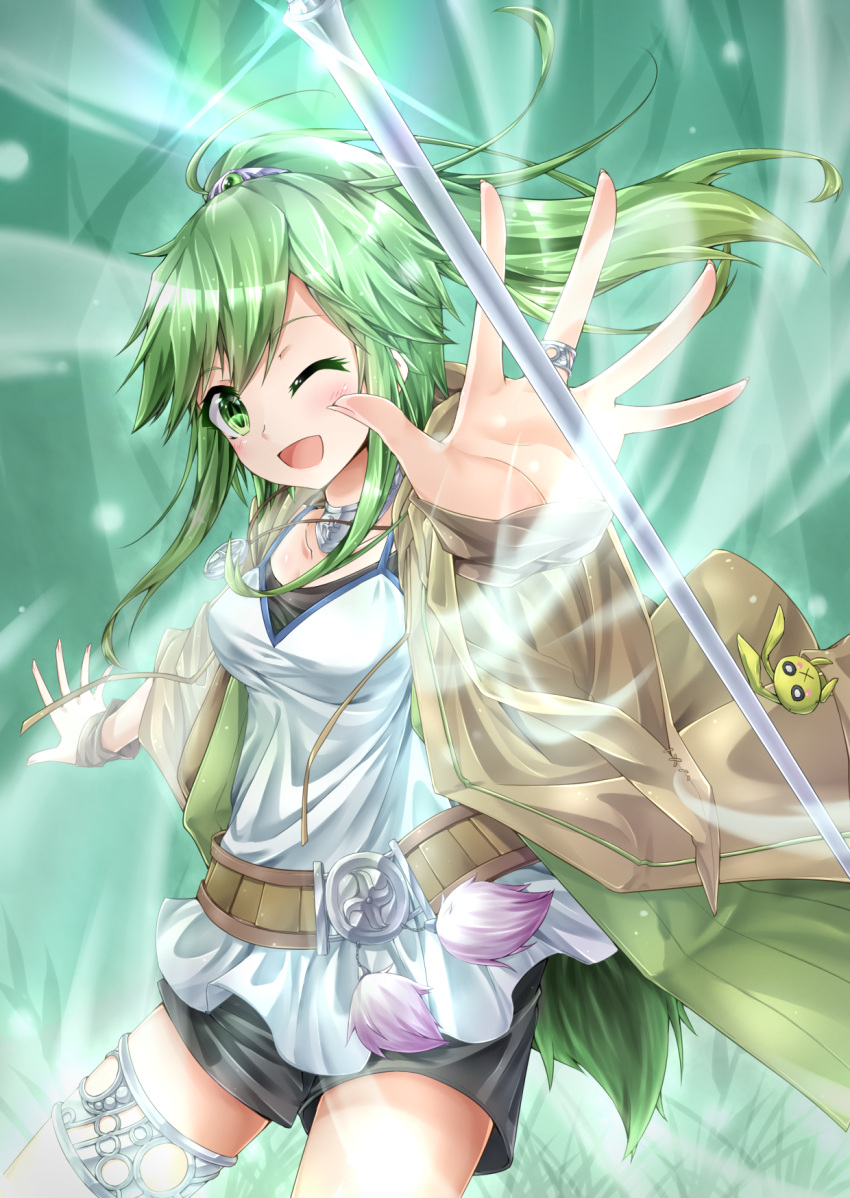 1girl ;d blush breasts collar collarbone cowboy_shot duel_monster gloves green_eyes green_hair hair_ornament highres jacket jewelry large_breasts long_hair looking_at_viewer one_eye_closed open_mouth ponytail shorts shun_no_shun smile solo staff winda_priestess_of_gusto yuu-gi-ou