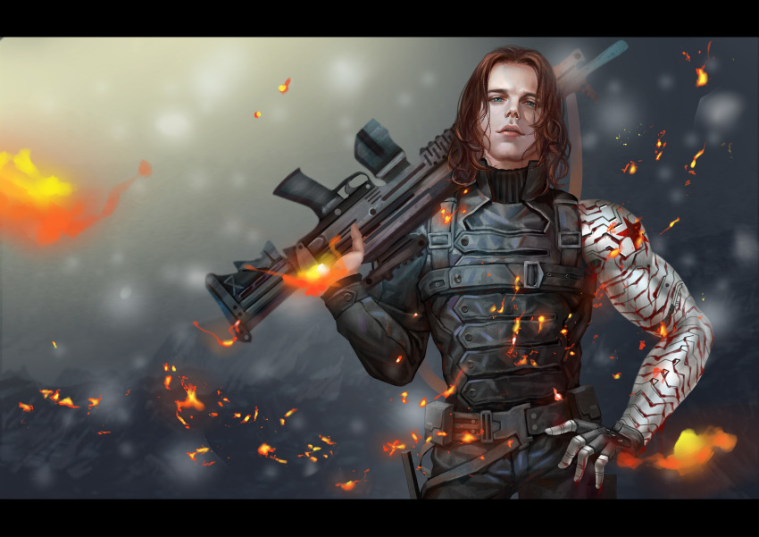 1boy absurdres aqie blue_eyes brown_hair captain_america_the_winter_soldier cyborg gun hand_on_hip highres james_buchanan_barnes letterboxed long_hair marvel mechanical_arm solo weapon winter_soldier