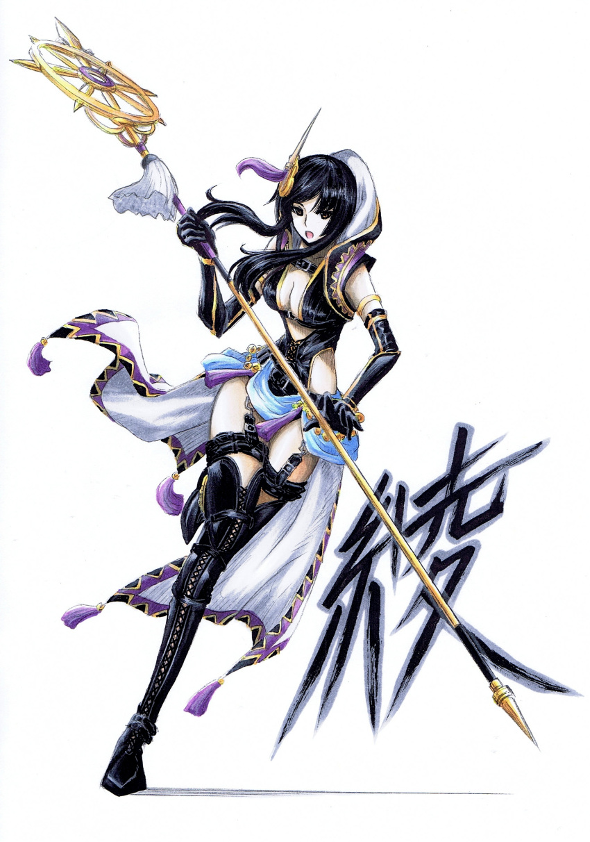 1girl absurdres aya_gozen black_hair boots breasts cleavage elbow_gloves full_body garter_straps garters gloves hair_ornament highres hood long_hair oota_tamon open_mouth sengoku_musou solo staff thigh-highs thigh_boots translation_request weapon white_background