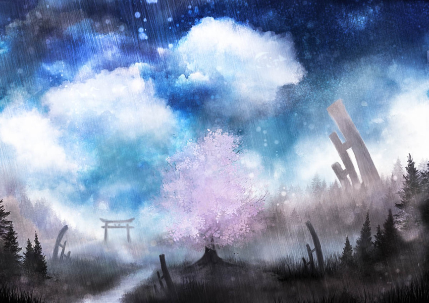 akyuun cherry_blossoms clouds grass nature no_humans original path photoshop rain road scenery sky torii tree