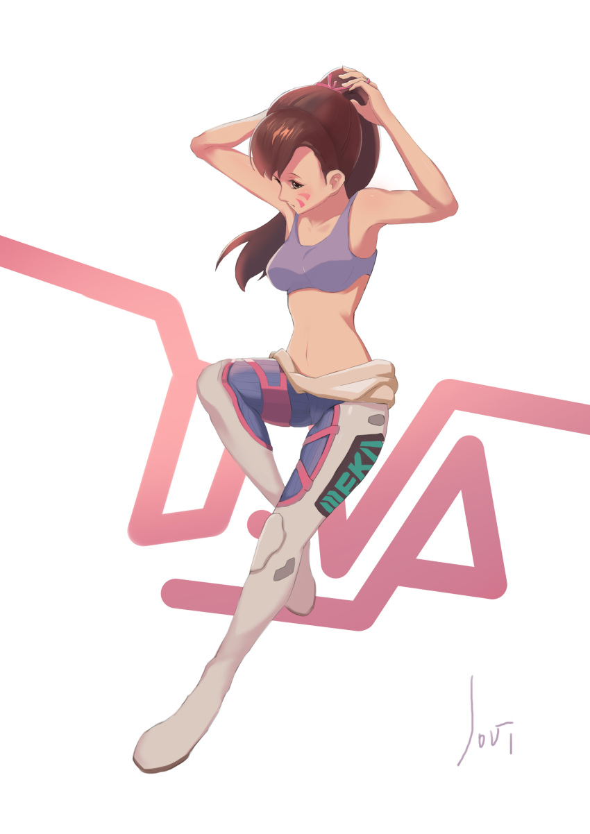 1girl absurdres adjusting_hair artist_name bangs bare_shoulders bodysuit breasts brown_eyes brown_hair character_name clothes_writing collarbone d.va_(overwatch) facial_mark full_body hair_tie hands_up highres jovizoo long_hair navel overwatch ponytail simple_background solo tank_top whisker_markings white_background