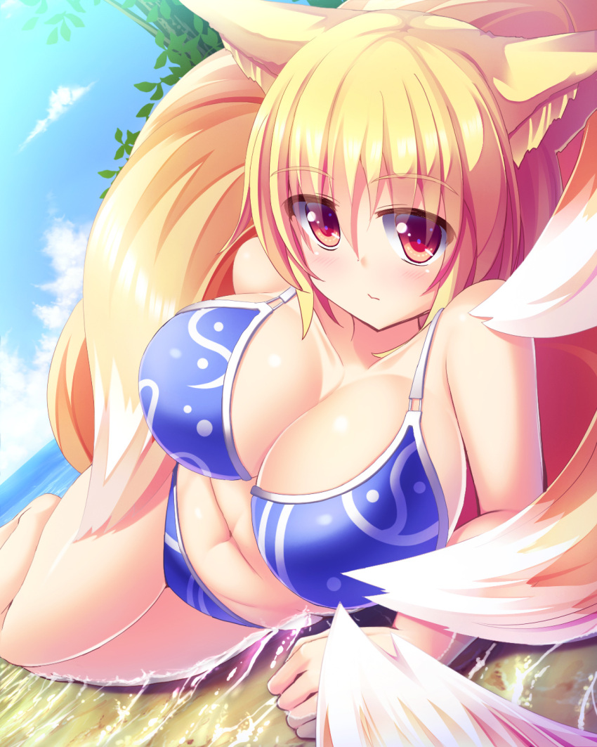 1girl animal_ears beach bikini blonde_hair blue_bikini blue_sky breasts clouds collarbone fox_ears fox_tail highres large_breasts liya looking_at_viewer lying multiple_tails on_side partially_submerged red_eyes sky solo swimsuit tail touhou water yakumo_ran