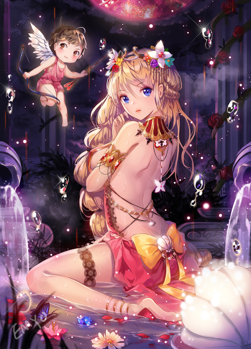 1boy 1girl ahoge anklet aphrodite arm_at_side armlet arrow bangs bare_back barefoot beads blonde_hair blue_flower blurry blush bow bow_(weapon) breast_hold breasts butt_crack butterfly chain child closed_mouth clouds cupid depth_of_field detached_collar dress eyebrows eyebrows_visible_through_hair feathered_wings flower flying fountain fringe from_side gem gold grass greek_mythology hair_beads hair_between_eyes hair_flower hair_ornament heart highres holding holding_weapon jewelry lace lace-trimmed_dress large_breasts leg_garter light_particles long_hair looking_at_viewer looking_away looking_back looking_to_the_side mother_and_son multi-tied_hair night night_sky open-back_dress original outstretched_arm petals pillar pink_dress planet plant purple_rose red_lips red_rose rose shell sideboob signature single_wing sitting sky smile soles sparkle string toga very_long_hair vines wariza water weapon white_flower white_wings wings yellow_bow yumaomi