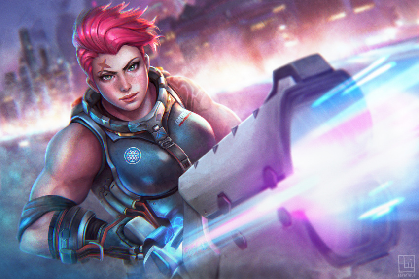 1girl abby_(serafleur) artist_name backlighting breasts energy_gun eyebrows gloves green_eyes large_breasts lips looking_at_viewer muscle muscular_female nose overwatch pink_hair realistic scar short_hair signature sleeveless solo tattoo upper_body weapon zarya_(overwatch)