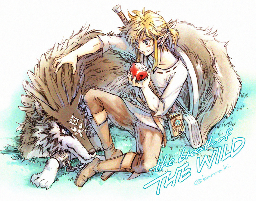 1boy apple blonde_hair blue_eyes copyright_name crossover dual_persona eating food fruit full_body grass grin link link_(wolf) nintendo pointy_ears scabbard sheath shield sitting smile sword tak_(karasuki) the_legend_of_zelda the_legend_of_zelda:_breath_of_the_wild the_legend_of_zelda:_twilight_princess weapon wolf
