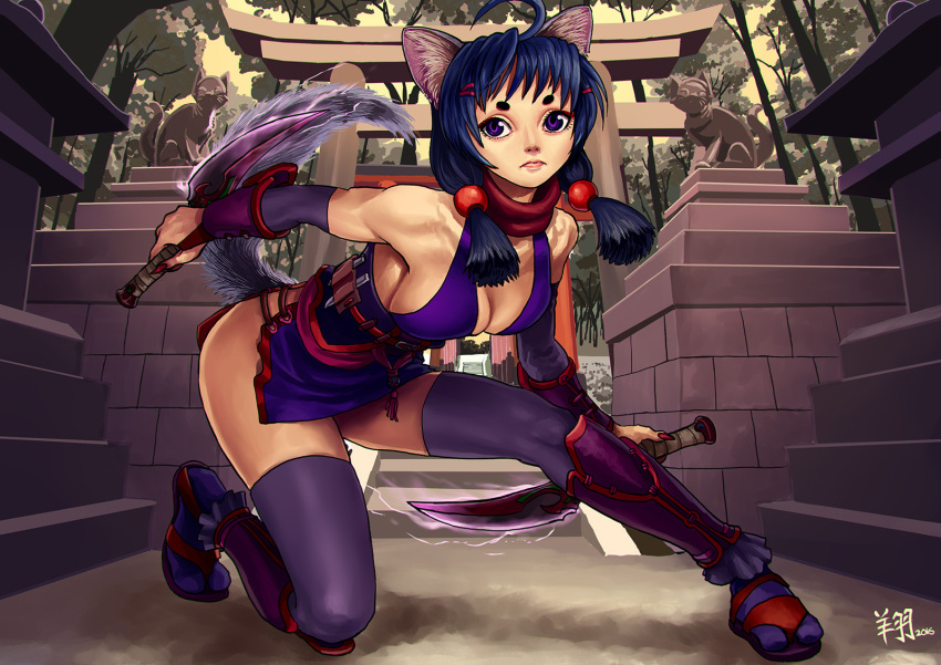 1girl ahoge animal_ears blue_hair breasts cat_ears cat_tail cleavage commentary dagger dual_wielding eyebrows full_body greaves highres low_twintails ninja no_bra original reverse_grip ryu_shou scarf side_slit sideboob solo tabi tail thick_eyebrows thigh-highs torii twintails violet_eyes weapon