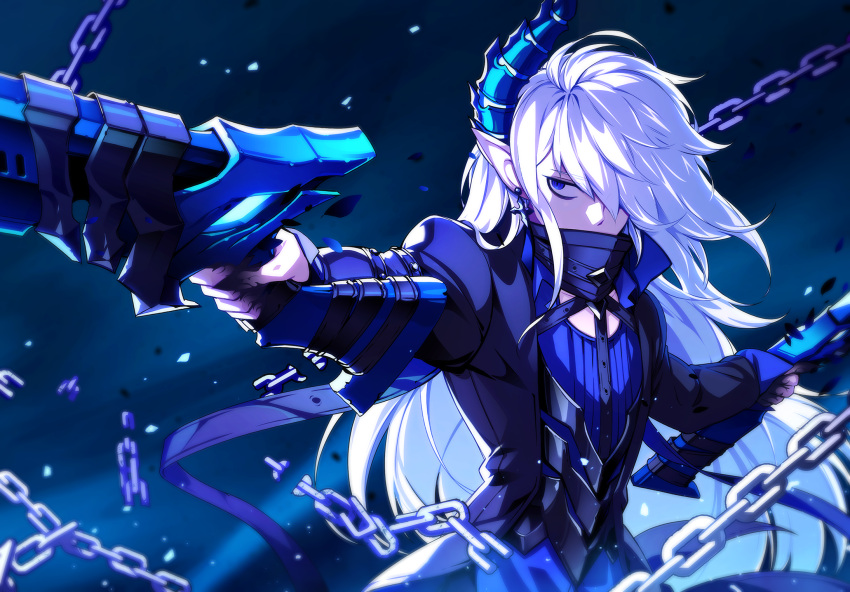 1boy armor blue blue_background blue_eyes chain ciel_(elsword) covered_mouth demonio_(elsword) dual_wielding elsword highres horn hwansang jacket long_hair male_focus pale_skin pointy_ears solo sword weapon white_hair