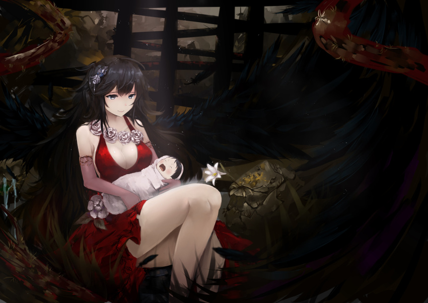 1girl absurdres baby black_hair black_wings blue_eyes closed_eyes closed_mouth dress elbow_gloves flower gloves hair_ornament highres long_hair open_mouth original pink_gloves poet red_dress rock rose sitting sleeveless sleeveless_dress smile solo very_long_hair white_rose wings