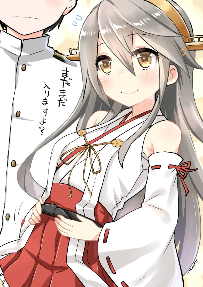 1boy 1girl 3: absurdres admiral_(kantai_collection) brown_eyes commentary_request detached_sleeves grey_hair hair_ornament hairband hairclip haruna_(kantai_collection) highres kantai_collection long_hair military military_uniform naval_uniform nontraditional_miko pleated_skirt ryuki_(ryukisukune) skirt smile translation_request uniform