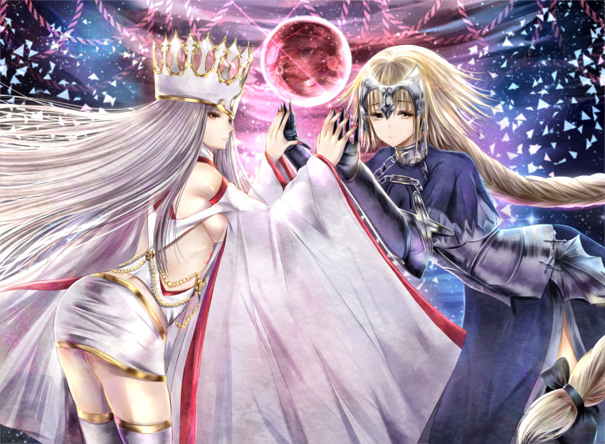 2girls armor ass bare_shoulders blonde_hair breasts crown dress dress_of_heaven fate/grand_order fate_(series) gauntlets highres irisviel_von_einzbern jeanne_alter long_hair multiple_girls nikek96 red_eyes ruler_(fate/apocrypha) ruler_(fate/grand_order) silver_hair sleeves_past_wrists white_hair yellow_eyes