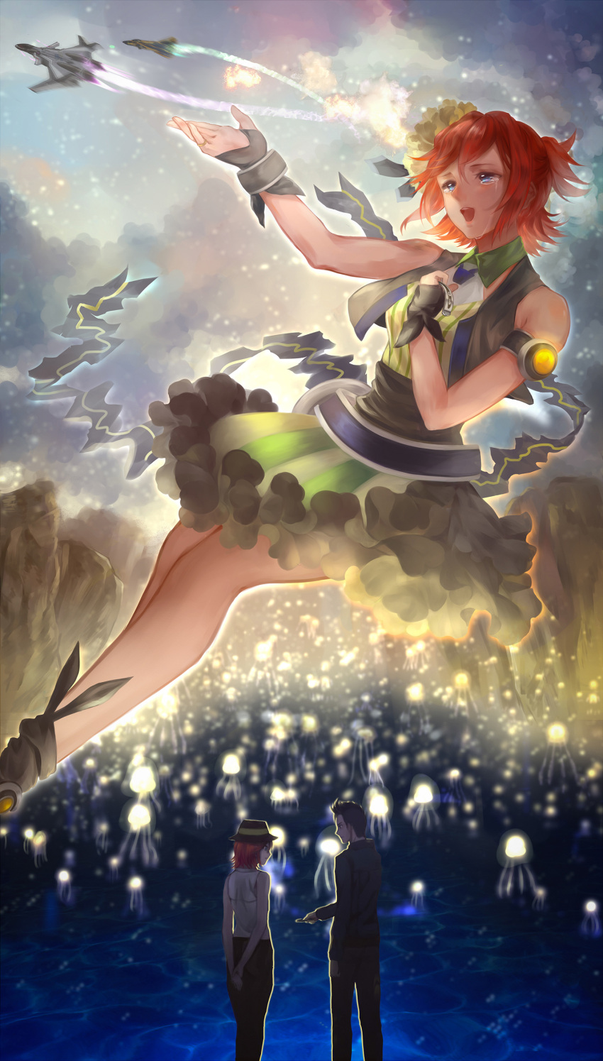1boy 1girl absurdres aircraft arm_strap blue_eyes brown_hair clouds cloudy_sky crying dress gauntlets glowing green_dress highres jellyfish jyuui kaname_buccaneer macross macross_delta mecha messer_ihlefeld open_clothes open_vest science_fiction sky striped striped_dress sv-262 variable_fighter vest vf-31