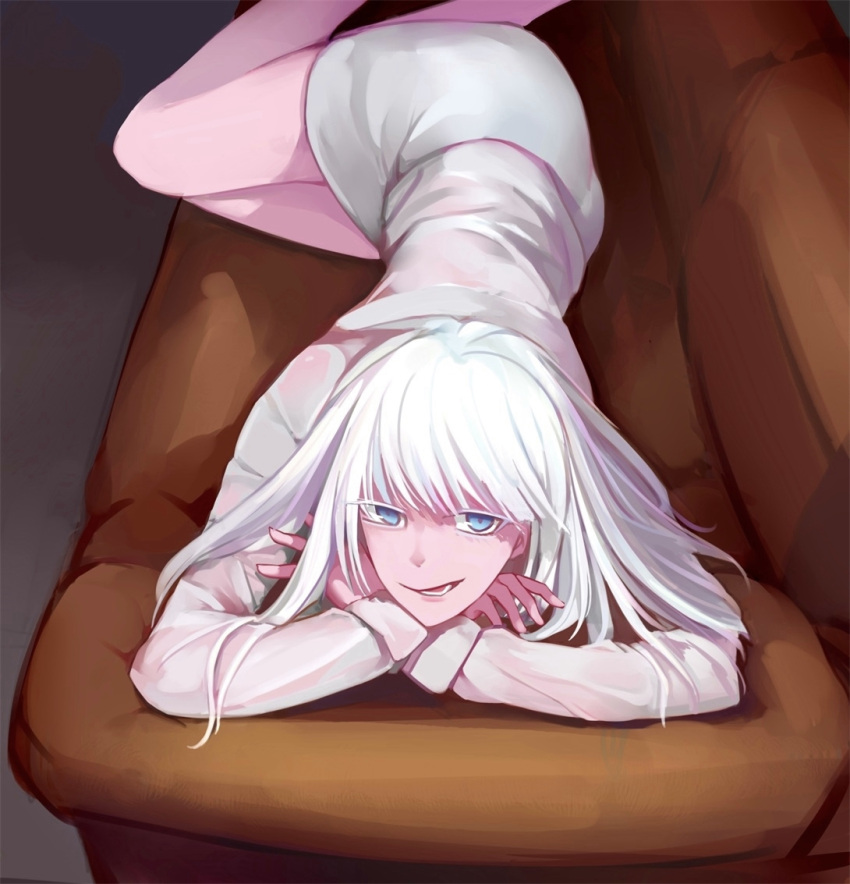 1girl artist_request blue_eyes chin_rest couch crossed_arms jormungand koko_hekmatyar long_hair long_sleeves looking_at_viewer lying on_couch on_side pencil_skirt pink_legwear shirt skirt smile upside-down white_hair white_shirt white_skirt