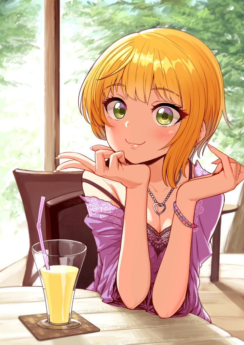 1girl bendy_straw blonde_hair blush bracelet breasts cafe chair chin_rest cleavage closed_mouth coaster collarbone cup drink drinking_glass drinking_straw eyebrows eyebrows_visible_through_hair eyelashes fingernails floral_print green_eyes heart heart_necklace highres idolmaster idolmaster_cinderella_girls jewelry lace_trim lips long_fingernails looking_at_viewer miyamoto_frederica off_shoulder omaru_gyuunyuu shade sharp_fingernails short_hair sitting sitting_on_chair smile solo strap_slip table tree upper_body