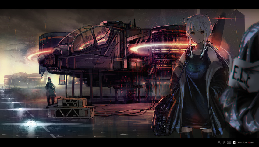 1girl aircraft airport animal_ears armband bag black_dress blurry clouds copyright_name dark depth_of_field dress fox_ears highres hood hoodie inabi letterboxed light_smile looking_at_viewer original ponytail power_lines rain red_eyes science_fiction shoulder_bag sidelocks sleeveless sleeveless_dress smile solo_focus thigh-highs white_hair zettai_ryouiki