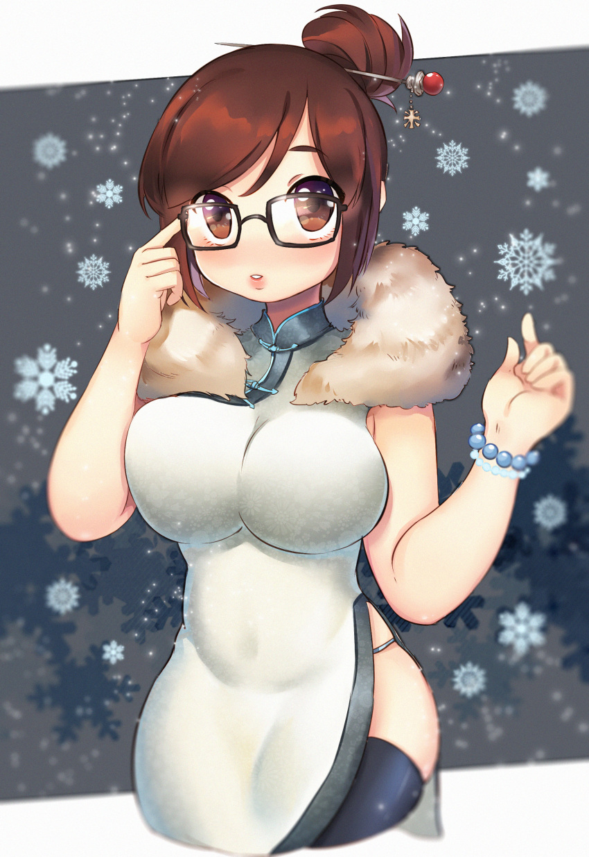 1girl absurdres adapted_costume adjusting_glasses bangs black-framed_glasses black_legwear bracelet breasts brown_eyes brown_hair china_dress chinese_clothes cowboy_shot dress fur_trim glasses hair_bun hair_ornament hairpin hands_up highres jewelry large_breasts lips looking_at_viewer mei_(overwatch) overwatch parted_lips pearl_bracelet short_hair sidelocks snowflakes solo swept_bangs thigh-highs