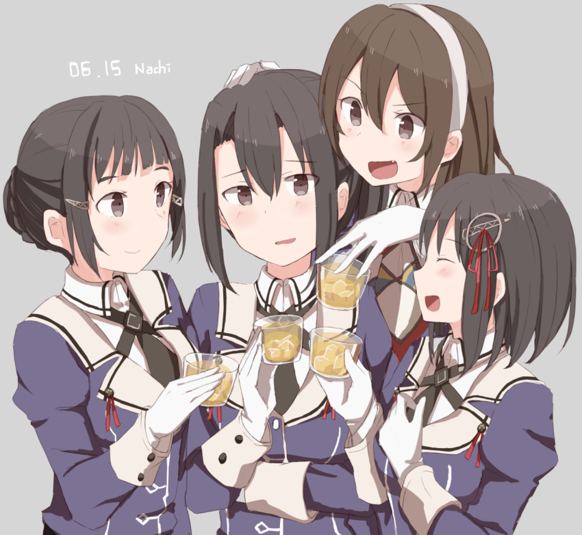4girls ashigara_(kantai_collection) blush brown_eyes brown_hair character_name closed_eyes collared_shirt commentary_request cup dated drinking_glass fang gloves grey_background haguro_(kantai_collection) hair_between_eyes hair_bun hair_ornament hairband hairclip hand_on_another's_head holding_glass ice ice_cube jacket kantai_collection long_hair multiple_girls myoukou_(kantai_collection) nachi_(kantai_collection) open_mouth remodel_(kantai_collection) riz_(ravel_dc) shirt short_hair sleeve_cuffs smile upper_body white_gloves