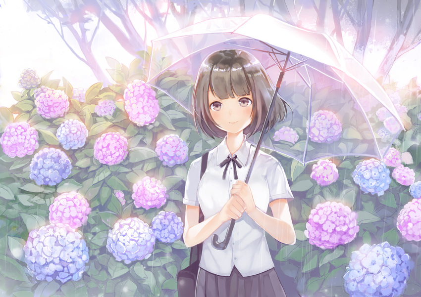 1girl bag bangs black_eyes black_hair black_skirt blunt_bangs bob_cut bush collared_shirt commentary_request dress_shirt flower holding holding_umbrella hydrangea looking_at_viewer neck_ribbon original pleated_skirt rain ribbon school_bag school_uniform shirt short_sleeves sibyl skirt smile solo transparent_umbrella umbrella white_shirt