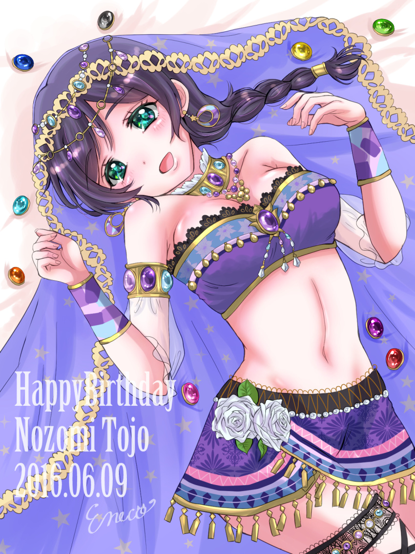 1girl bangs blush braid breasts collarbone dancer dated earrings eneco fingernails flower green_eyes hair_ornament happy_birthday highres jewelry long_fingernails long_hair looking_at_viewer love_live!_school_idol_festival love_live!_school_idol_project navel open_mouth purple_hair rose side_braid signature single_braid smile solo toujou_nozomi veil white_rose