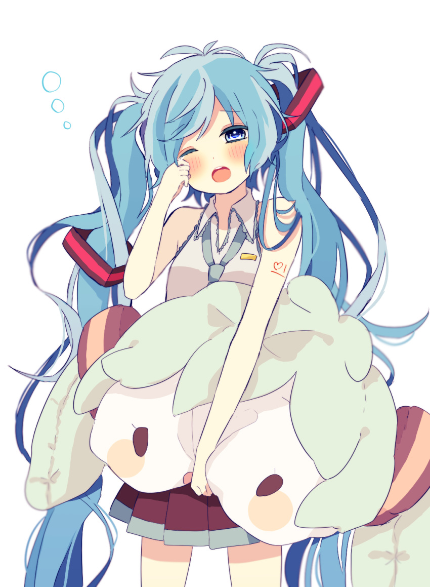 1girl 64hijiki aqua_hair blue_eyes blush character_pillow collared_shirt hatsune_miku head_tilt heart highres holding long_hair necktie number one_eye_closed open_mouth rubbing_eyes shirt simple_background sleepy sleeveless sleeveless_shirt solid_oval_eyes solo tears twintails very_long_hair vocaloid white_background wing_collar