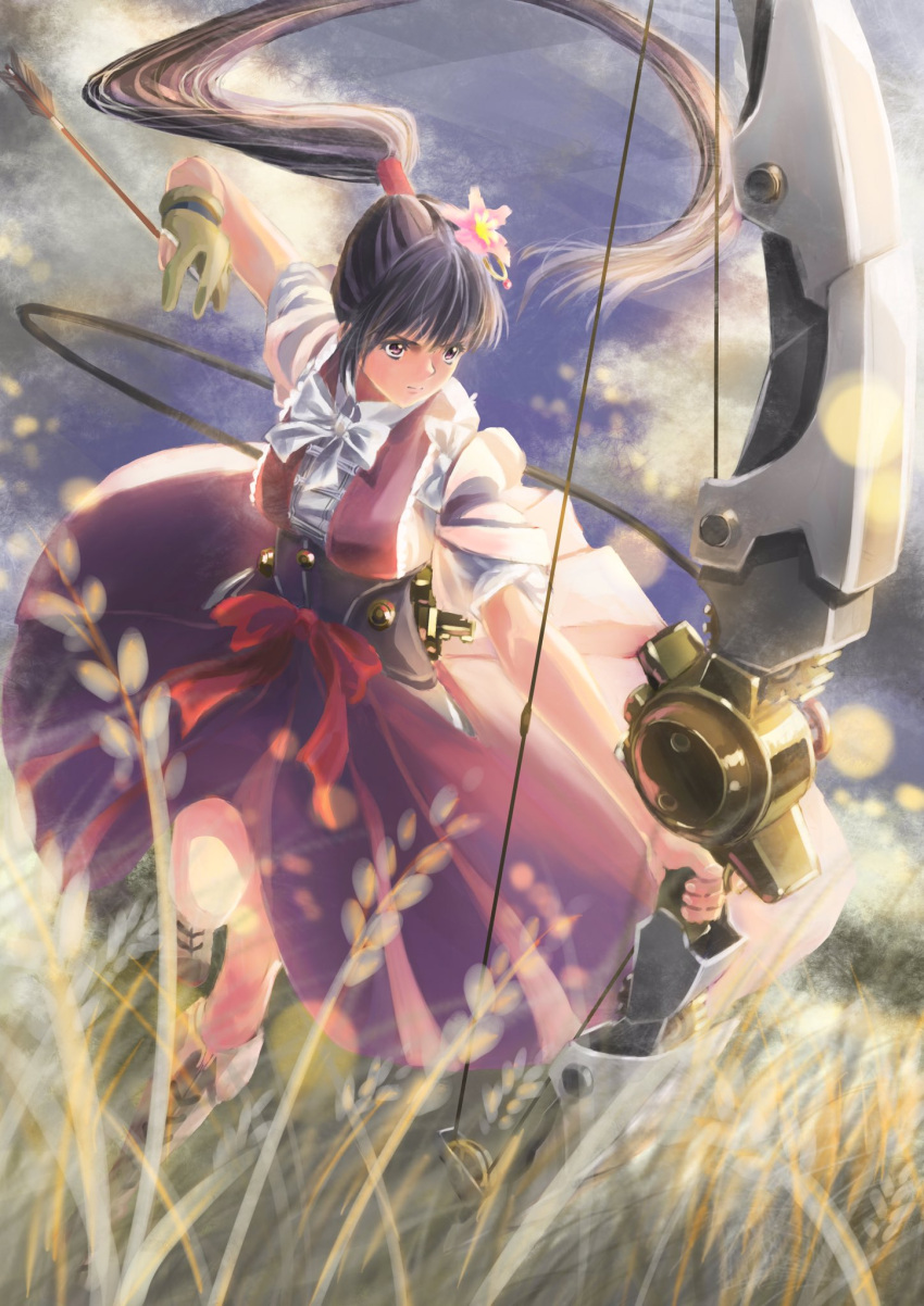 1girl archery arrow boots bow_(weapon) clouds flower full_body grass hair_flower hair_ornament hakama highres holding holding_weapon japanese_clothes koutetsujou_no_kabaneri kyuudou long_hair outdoors ponytail purple_hair sash single_glove sky solo standing violet_eyes weapon yomogawa_ayame yugake