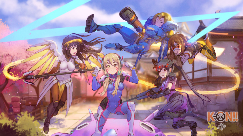 5girls akiyama_mio architecture armor armored_boots ass back bangs black_boots black_eyes black_gloves black_hair blonde_hair blue_eyes blue_sky blush bodysuit bomber_jacket boots breastplate breasts bridge brown_eyes brown_gloves brown_hair brown_jacket bunny_hair_ornament bunny_print bush character_name cherry_blossoms clenched_hands clothes_writing clouds cloudy_sky copyright_name cosplay cross-laced_clothes d.va_(overwatch) d.va_(overwatch)_(cosplay) east_asian_architecture facial_mark flat_chest from_behind fur_trim gauntlets gloves goggles gun hair_ornament hairclip hands_up harness head_mounted_display headphones helmet high_collar high_heel_boots high_heels highres hirasawa_yui holding holding_breath holding_gun holding_weapon jacket jetpack k-on! knee_boots kneeling kotobuki_tsumugi large_breasts leather leather_jacket long_hair long_twintails looking_at_viewer looking_back low-tied_long_hair mecha mechanical_halo mechanical_wings mercy_(overwatch) mercy_(overwatch)_(cosplay) multiple_girls nakano_azusa open_mouth overwatch pants pantyhose pauldrons petals pharah_(overwatch) pharah_(overwatch)_(cosplay) pilot_suit plant power_armor rabbit rifle rocket_launcher shoes short_hair short_sleeves shoulder_pads signature skin_tight sky sleeves_rolled_up sniper_rifle staff star star-shaped_pupils steamy_tomato swiss_flag symbol-shaped_pupils tainaka_ritsu thigh-highs thigh_boots thighs tight tight_pants tracer_(overwatch) tracer_(overwatch)_(cosplay) turtleneck vambraces very_long_hair visor weapon whisker_markings white_gloves widowmaker_(overwatch) widowmaker_(overwatch)_(cosplay) wing_print wings wooden_bridge