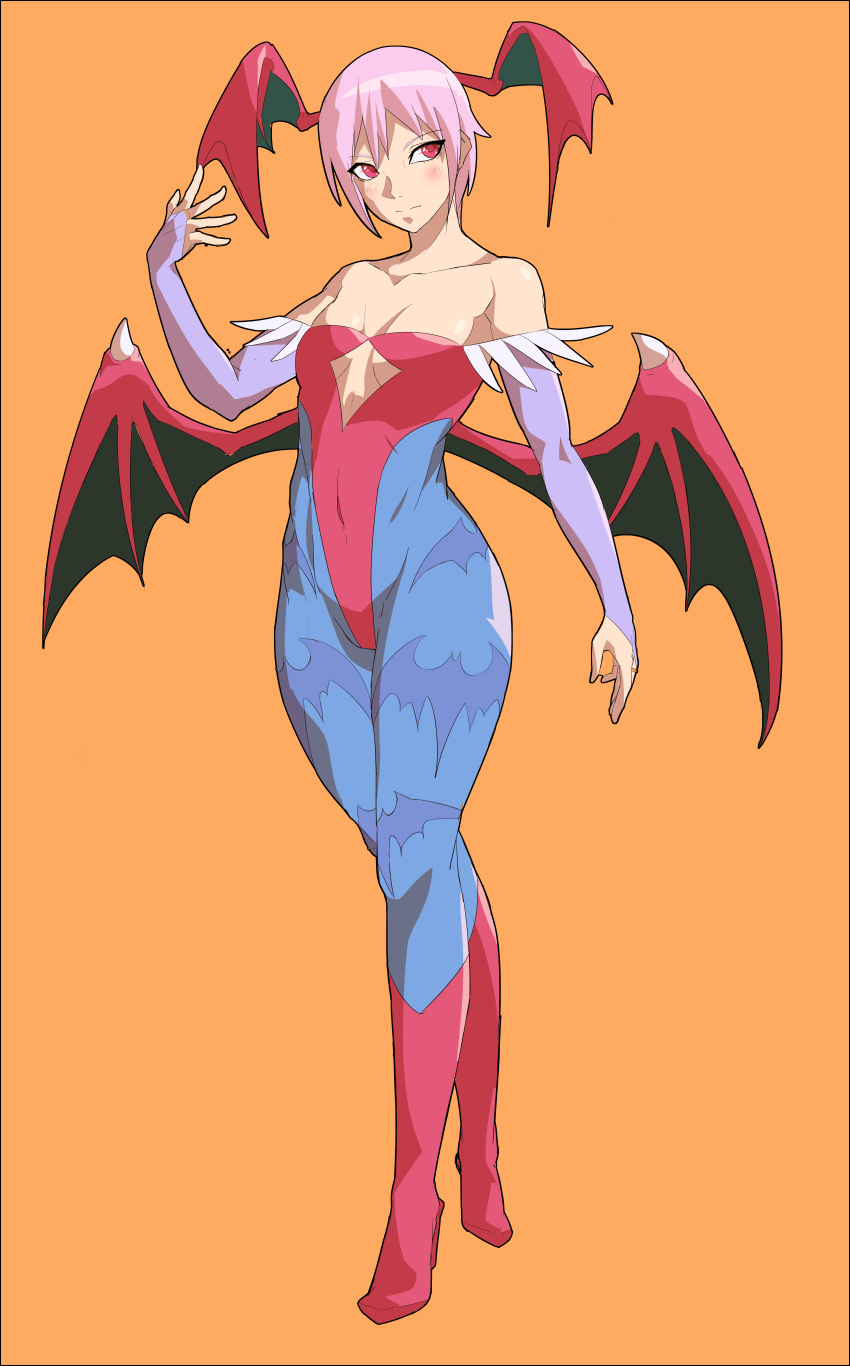 1girl absurdres bare_shoulders bat_print bat_wings blue_legwear blush bridal_gauntlets cleavage_cutout collarbone commentary_request demon_girl flat_chest full_body goniataito head_wings highres leotard lilith_aensland looking_away pantyhose pink_hair print_legwear red_eyes short_hair smile solo succubus vampire_(game) wings