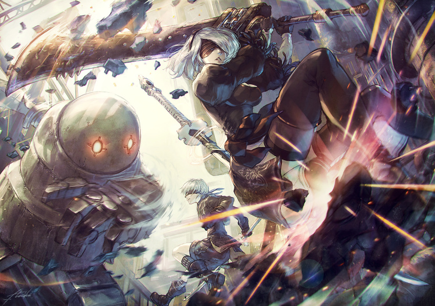 1boy 1girl black_boots black_dress black_gloves black_legwear blindfold boots debris dress dutch_angle gloves glowing glowing_eyes highres holding holding_sword holding_weapon lira_mist long_sleeves nier_automata parted_lips red_eyes robot short_hair signature silver_hair sword thigh-highs weapon yorha_no.9_type_s yorha_unit_no._2_type_b