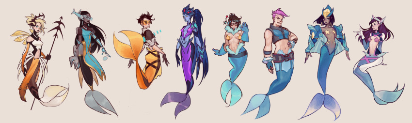 6+girls adapted_costume artist_request blue_skin breasts cleavage commentary d.va_(overwatch) dark_skin fish_tail highres looking_at_viewer mei_(overwatch) mercy_(overwatch) mermaid mioree monster_girl multiple_girls navel overwatch pasties pharah_(overwatch) plump polearm spear star_pasties stomach symmetra_(overwatch) toned tracer_(overwatch) visor weapon widowmaker_(overwatch) zarya_(overwatch)