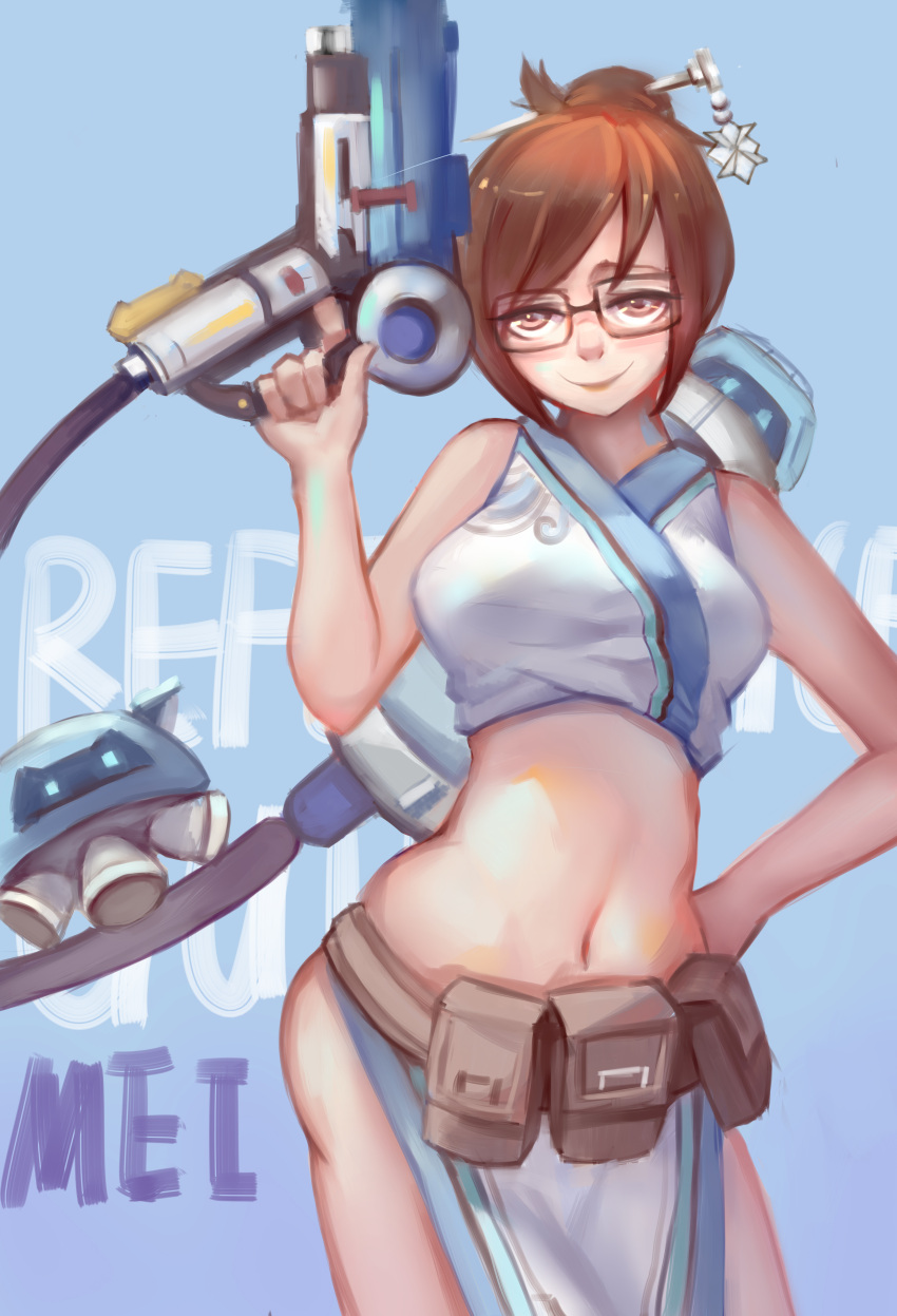 1girl absurdres adapted_costume bare_shoulders belt belt_pouch black-framed_glasses brown_eyes brown_hair canister character_name drone floating glasses gun hair_bun hair_ornament hairpin hand_on_hip highres holding holding_weapon hose mei_(overwatch) navel overwatch pelvic_curtain robot short_hair smile solo utility_belt weapon