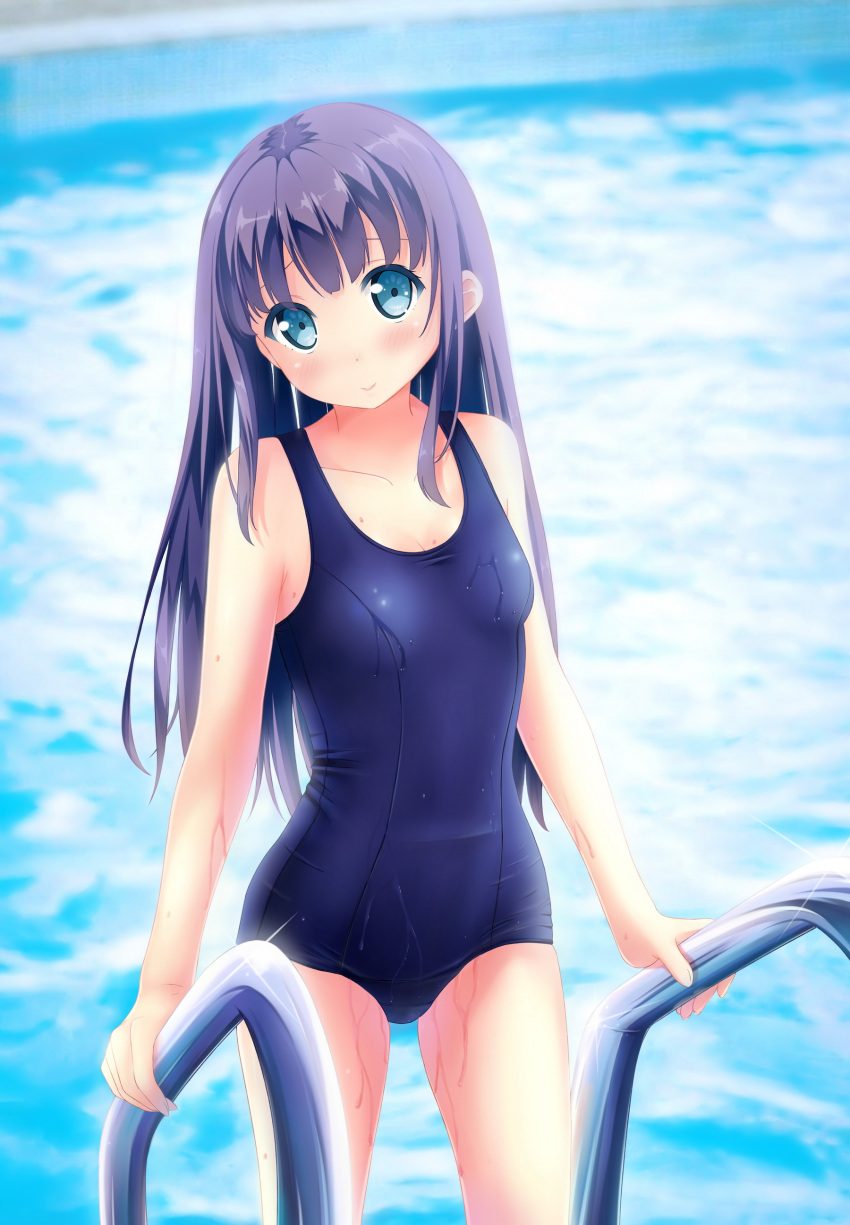 1girl absurdres blue_eyes blush breasts highres kuro_neko_(yxmikan) long_hair looking_at_viewer old_school_swimsuit one-piece_swimsuit original pool pool_ladder purple_hair school_swimsuit smile solo swimsuit