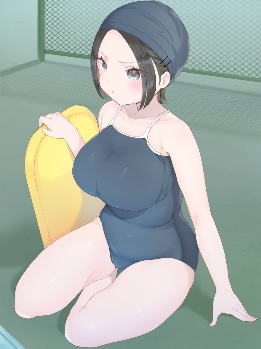 1girl absurdres bare_shoulders belly breasts brown_eyes brown_hair chain-link_fence competition_school_swimsuit fence forehead highres kickboard large_breasts original plump pout short_hair sitting solo swim_cap swimsuit thighs ushinomiya