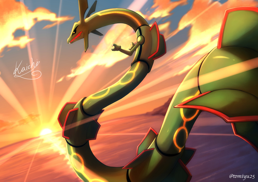 absurdres black_sclera claws closed_mouth clouds colored_sclera commentary_request dragon eastern_dragon fang fang_out highres kaichi_(tomiyu25) no_humans outdoors pokemon pokemon_(creature) rayquaza signature sky solo sunset twilight yellow_eyes