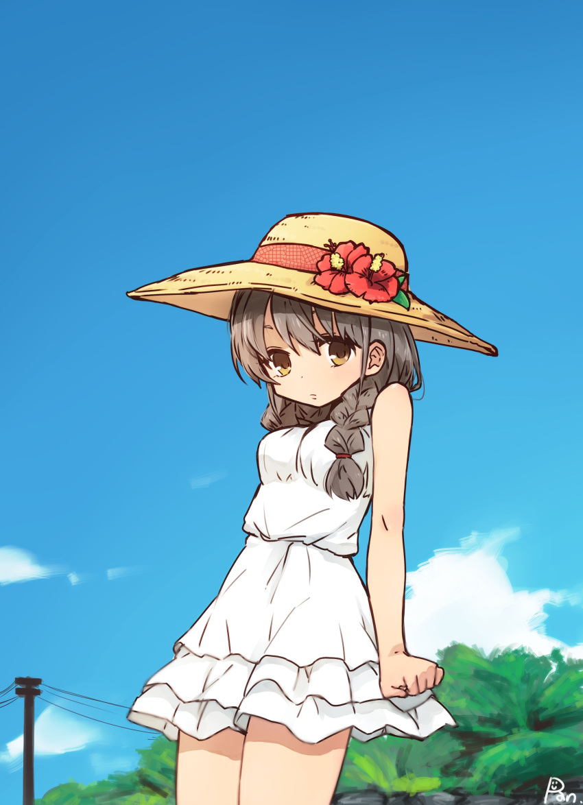 1girl absurdres artist_name braid brown_hair clenched_hand clouds cowboy_shot dress flower frills hat highres long_hair looking_at_viewer original outdoors power_lines sky solo sun_hat sundress tadashi_(tadashi1013) yellow_eyes