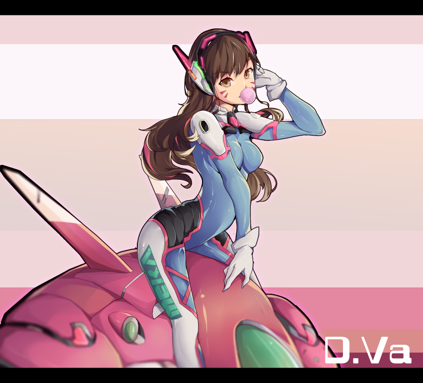 1girl absurdres armor bangs bodysuit breasts brown_eyes brown_hair bubble_blowing bubblegum character_name d.va_(overwatch) eyebrows eyebrows_visible_through_hair facial_mark gloves gum hand_to_head hand_up headphones high_collar highres letterboxed long_hair looking_at_viewer overwatch pauldrons pilot_suit solo whisker_markings white_gloves