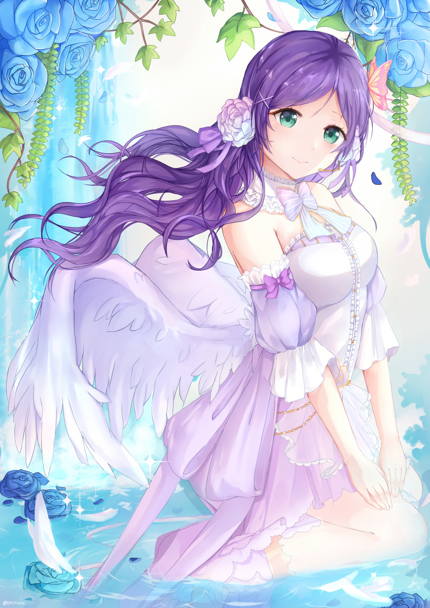 1girl absurdres angel_wings arm_garter blue_flower butterfly_hair_ornament collar dress flower from_side full_body green_eyes hair_flower hair_ornament hair_ribbon hands_on_thighs highres in_water kneeling long_hair looking_at_viewer love_live!_school_idol_festival love_live!_school_idol_project oretsuu pink_dress plant purple_hair ribbon smile solo toujou_nozomi v_arms wings x_hair_ornament