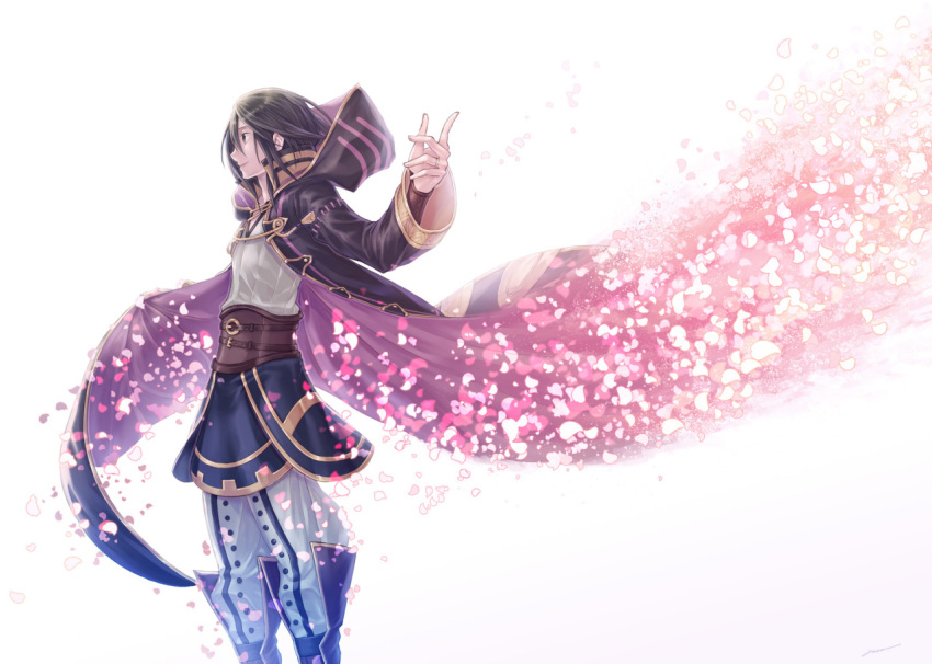 1boy amatari_sukuzakki androgynous black_hair boots cloak commentary fire_emblem fire_emblem:_kakusei gradient hood hooded_cloak hoodie jewelry looking_to_the_side male_focus my_unit_(fire_emblem:_kakusei) outstretched_arm petals profile ring robe signature smile solo standing two-tone_background