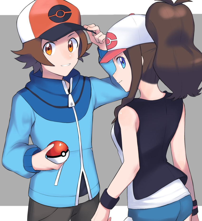 1boy 1girl baseball_cap belt_buckle black_vest blue_eyes blue_jacket brown_eyes brown_hair buckle commentary_request hand_on_headwear hat high_ponytail highres hilbert_(pokemon) hilda_(pokemon) holding holding_poke_ball jacket long_hair long_sleeves poke_ball poke_ball_(basic) poke_ball_print pokemon pokemon_(game) pokemon_bw red_headwear shirt short_hair short_shorts shorts sidelocks sleeveless sleeveless_shirt tyako_089 vest white_shirt wristband