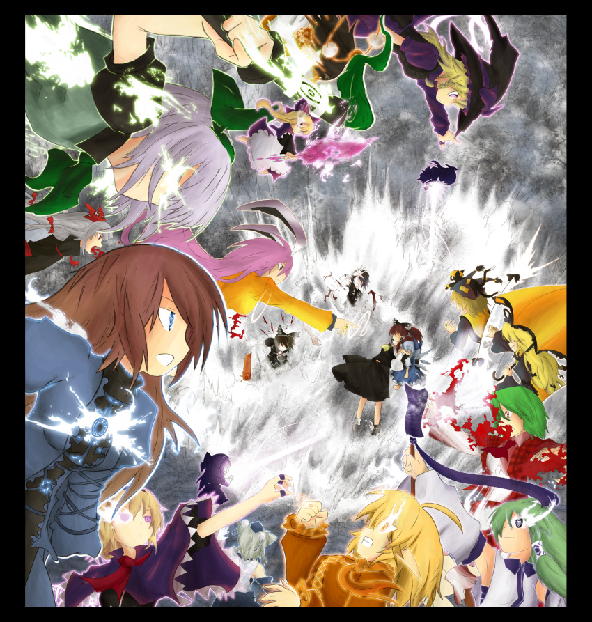 alice_margatroid alternate_color animal_ears blonde_hair blood blue_hair brown_hair chen chen_(cat) cirno dc_comics fujiwara_no_mokou glowing gohei green_hair green_lantern hakurei_reimu hat highres hijiri_byakuren ice ice_wings inubashiri_momiji jewelry kazami_yuuka kirisame_marisa kochiya_sanae konpaku_youmu long_hair mizuhashi_parsee mob_cap neckerchief parasol pointy_ears purple_hair rabbit_ears reisen_udongein_inaba reiuji_utsuho remilia_scarlet ring shameimaru_aya shanghai_doll short_hair silver_hair sinestro_corps thumb_ring tokin_hat touhou umbrella wings wolf_ears yakumo_ran yakumo_yukari yam-potong