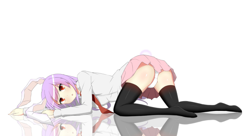 1girl animal_ears ass black_legwear blush bunny_tail full_body lavender_hair long_hair long_sleeves looking_at_viewer miniskirt necktie open_mouth panties pantyshot rabbit_ears red_eyes reflection reisen_udongein_inaba shirt simple_background skirt solo tail thigh-highs touhou underwear white_background white_panties xialuluo_(sharuro)