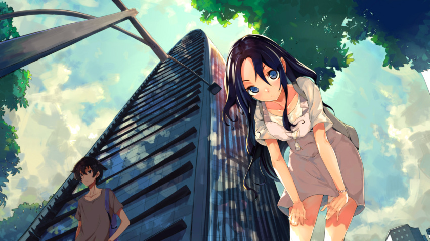 1boy 1girl absurdres backpack bag bent_over black_hair blue_eyes bracelet building clouds collarbone dress from_below glasses hands_on_own_knees highres hoshino_(8679643) jewelry lamppost long_hair looking_at_viewer original shirt short_hair short_sleeves sky skyscraper t-shirt tree