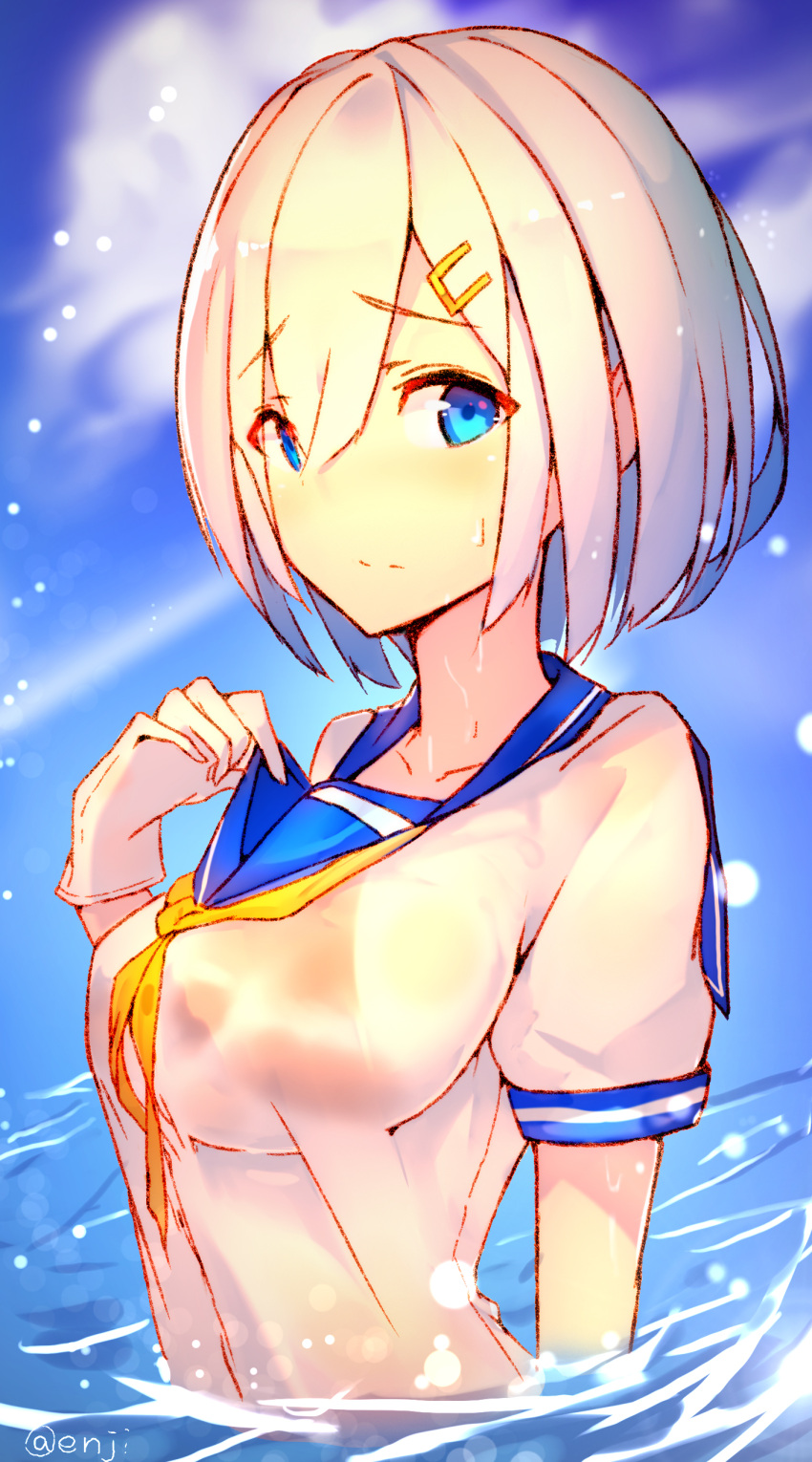 1girl absurdres blue_eyes breasts collarbone embarrassed enj! from_side gloves hair_over_one_eye hamakaze_(kantai_collection) highres kantai_collection large_breasts looking_at_viewer partially_submerged school_uniform see-through serafuku shirt short_hair short_sleeves silver_hair solo upper_body wet wet_clothes wet_shirt white_gloves