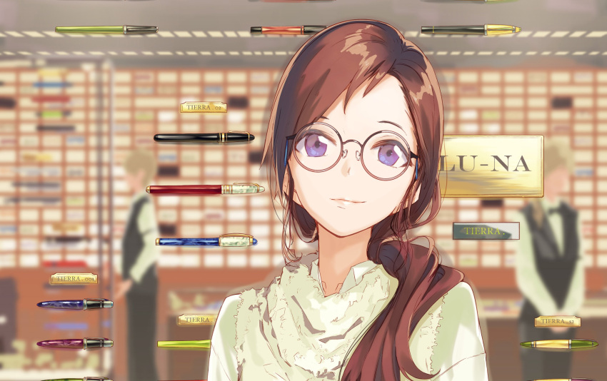 1girl :3 blue_eyes brown_hair glass glasses highres la-na long_hair looking_at_viewer low_ponytail original pen ponytail round_glasses shirt shop sign smile solo_focus storefront upper_body white_shirt window